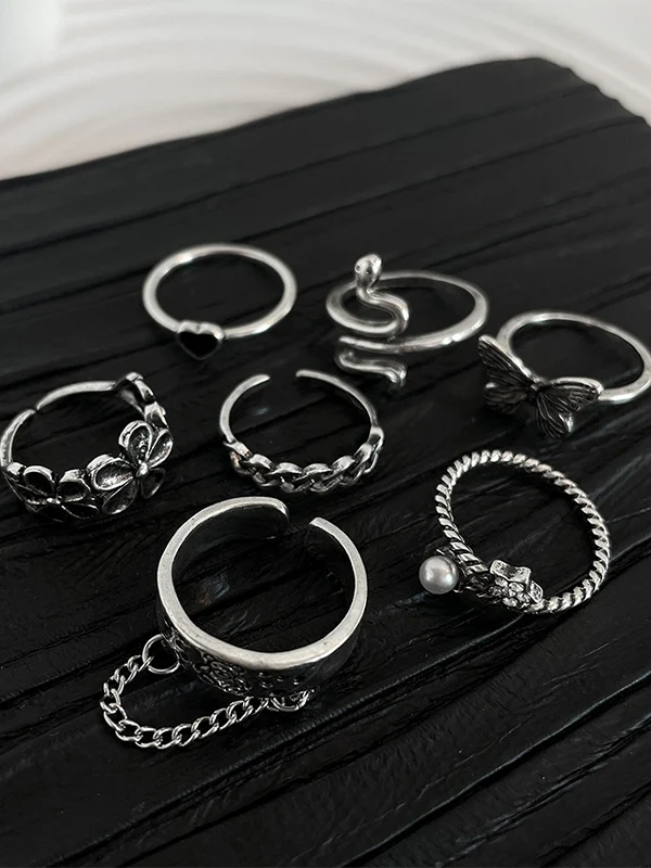 7pcs Silver Mixed Pattern Ring Set - Image 4