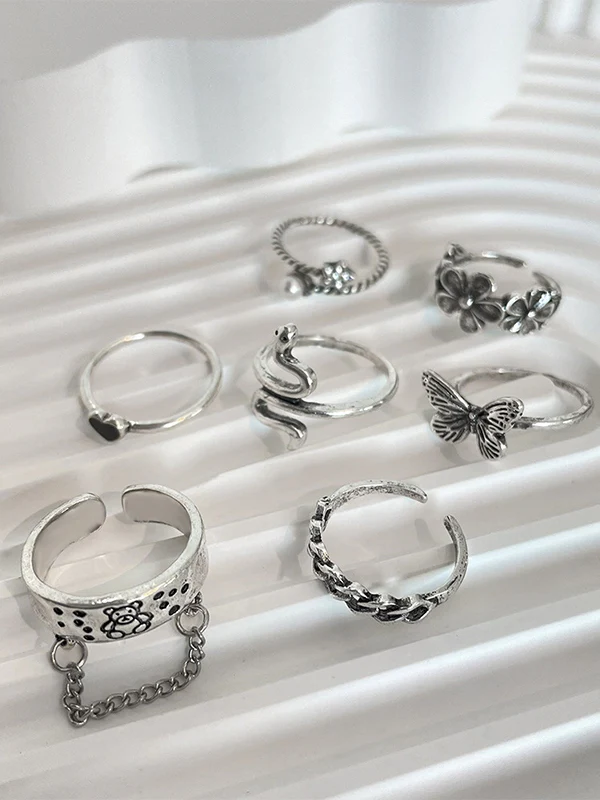 7pcs Silver Mixed Pattern Ring Set - Image 5