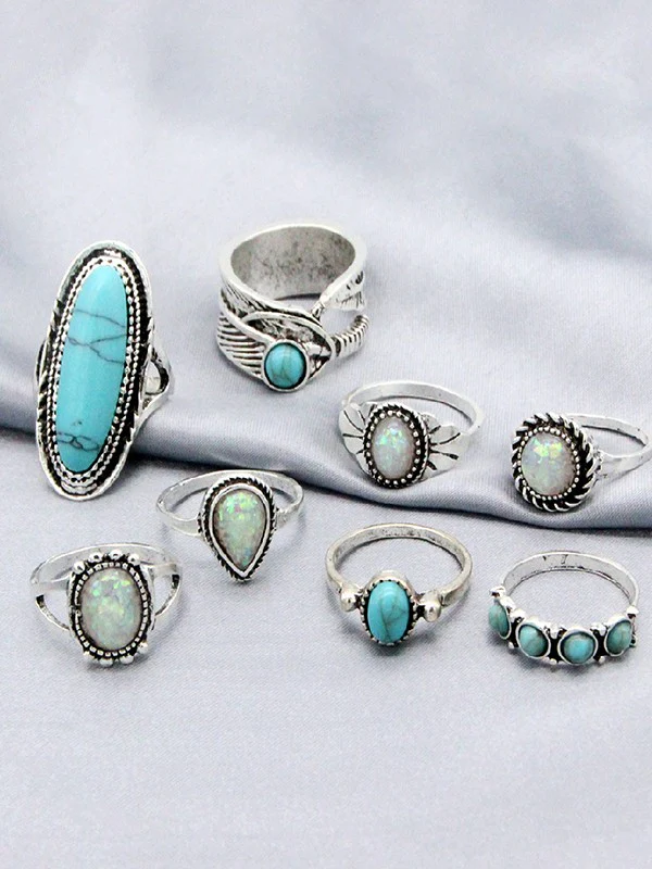 8pcs Vintage Stone Pendant Ring Set - Image 3