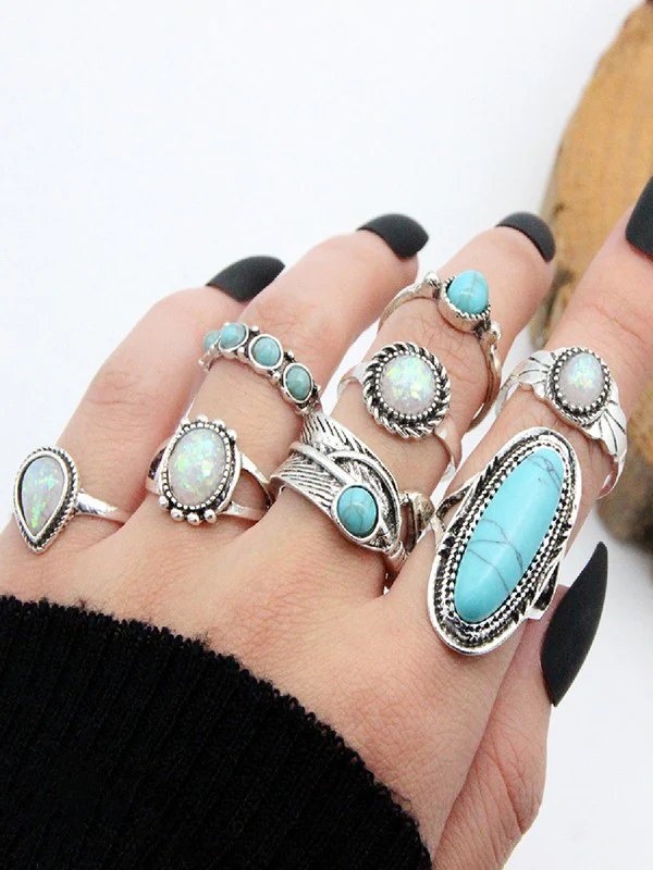 8pcs Vintage Stone Pendant Ring Set - Image 4