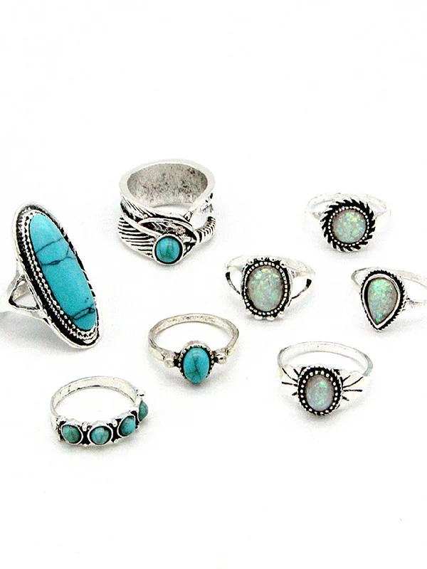8pcs Vintage Stone Pendant Ring Set - Image 5