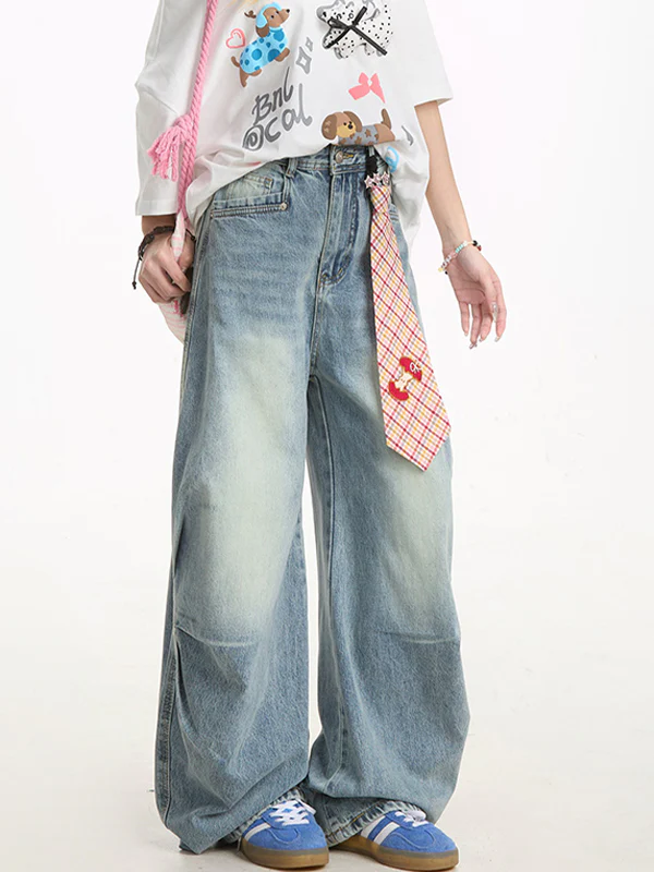 Aged Pleated Loose Boyfriend Jeans - Image 2