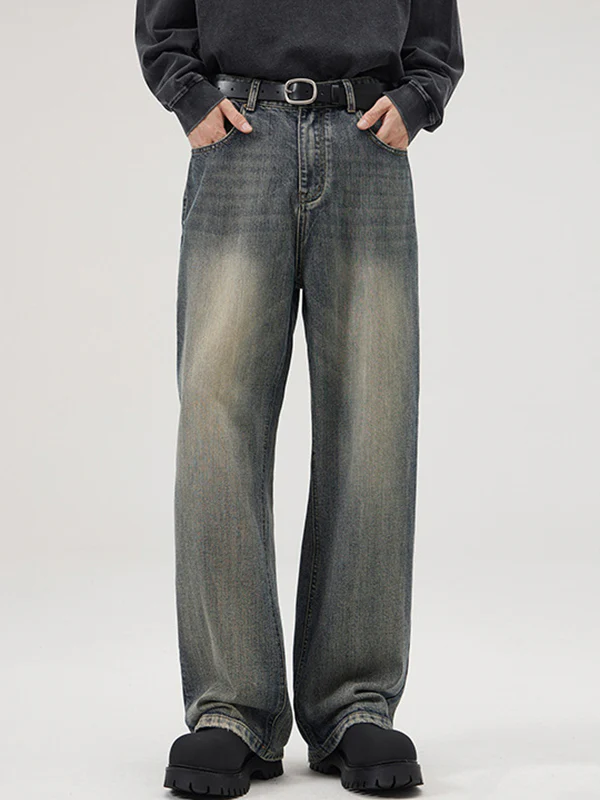 American Retro Heavy Industry Washed Bamboo Pattern Loose Jeans