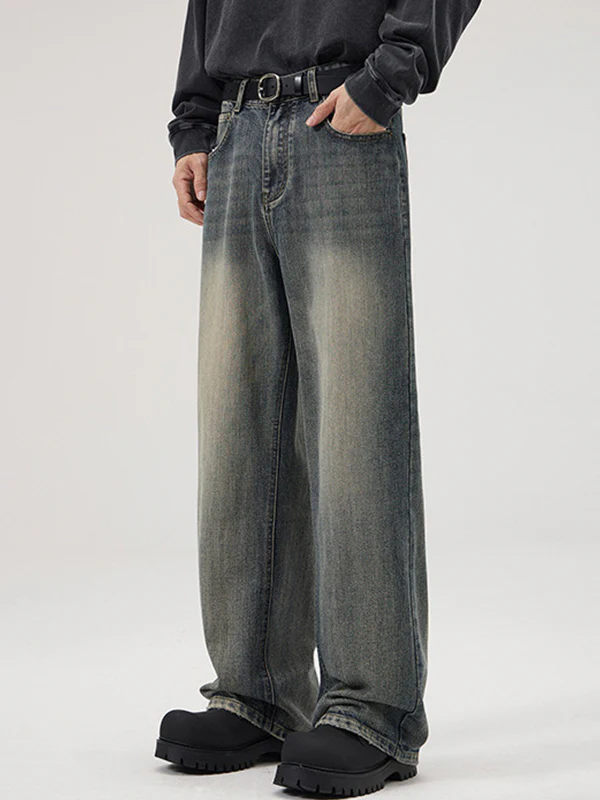 American Retro Heavy Industry Washed Bamboo Pattern Loose Jeans - Image 2