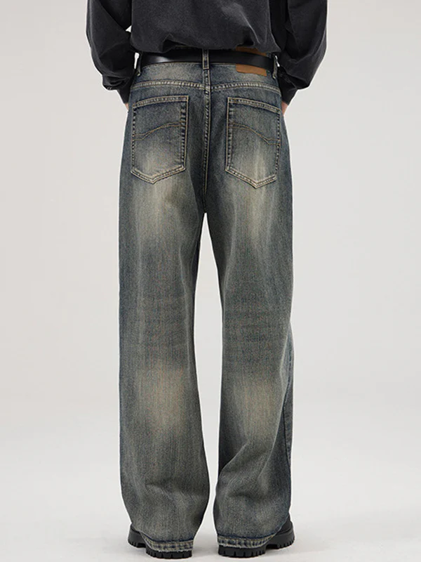 American Retro Heavy Industry Washed Bamboo Pattern Loose Jeans - Image 3