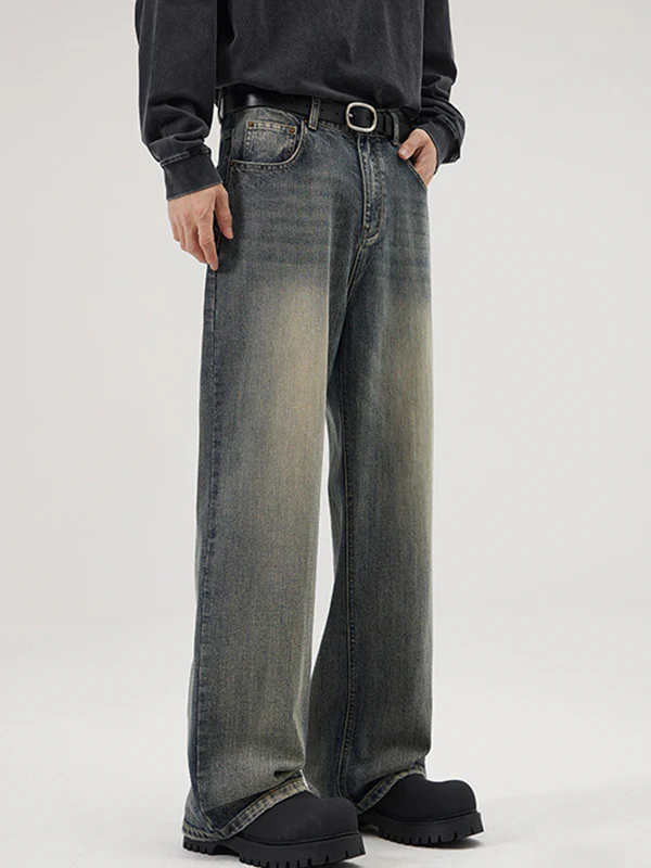 American Retro Heavy Industry Washed Bamboo Pattern Loose Jeans - Image 4