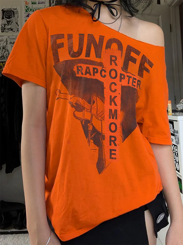 American Retro Off-The-Shoulder Loose-Fitting Design With Unique Prints, Trendy Short-Sleeved T-Shirt - Image 2