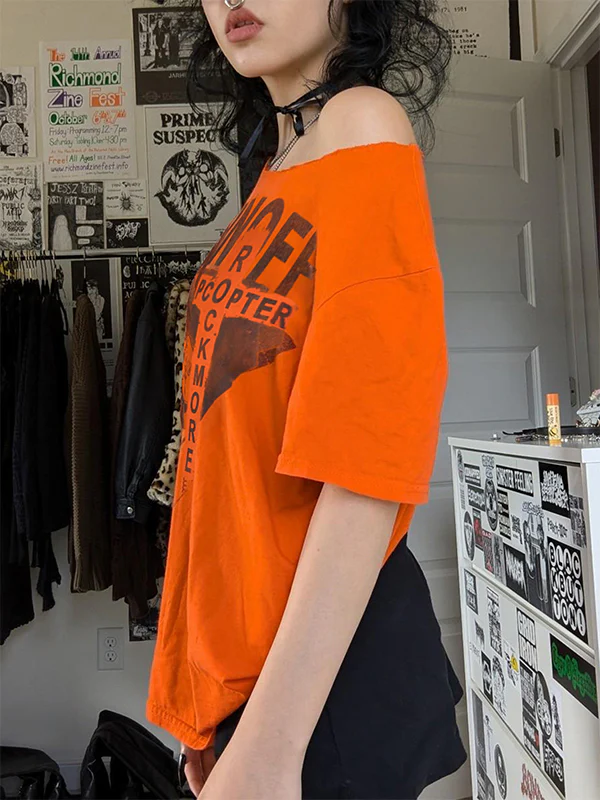 American Retro Off-The-Shoulder Loose-Fitting Design With Unique Prints, Trendy Short-Sleeved T-Shirt - Image 3