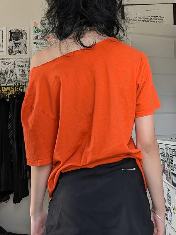 American Retro Off-The-Shoulder Loose-Fitting Design With Unique Prints, Trendy Short-Sleeved T-Shirt - Image 4