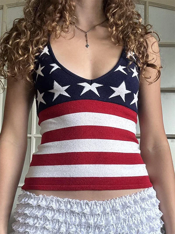 American Street Style Star Print Y2K Halter Neck Knit Tank Top - Image 2