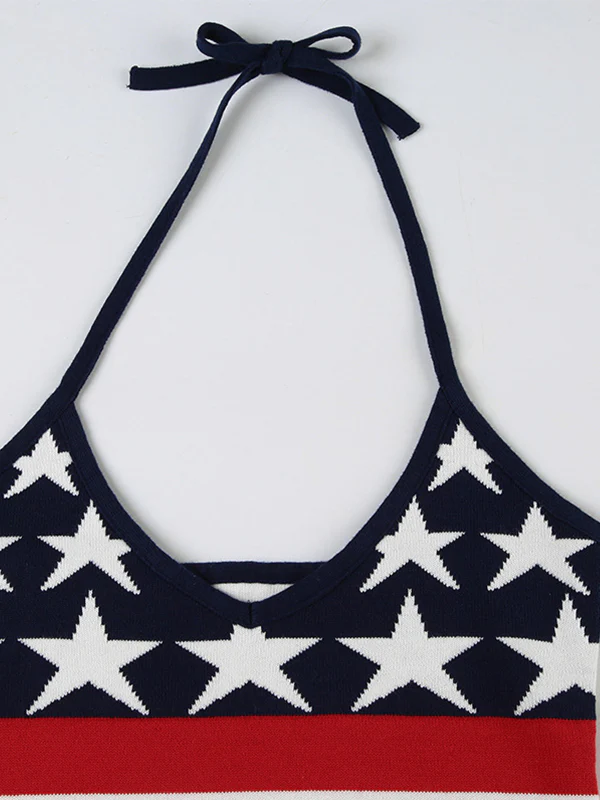 American Street Style Star Print Y2K Halter Neck Knit Tank Top - Image 4