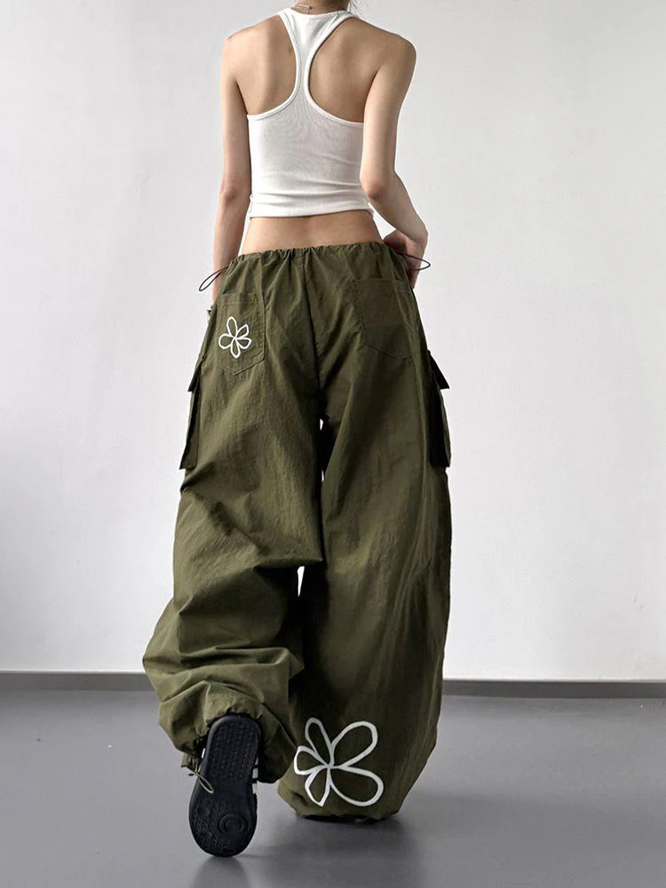 American-style workwear wide-leg pants with drawstring design, high waist, floral print long pants - Image 2