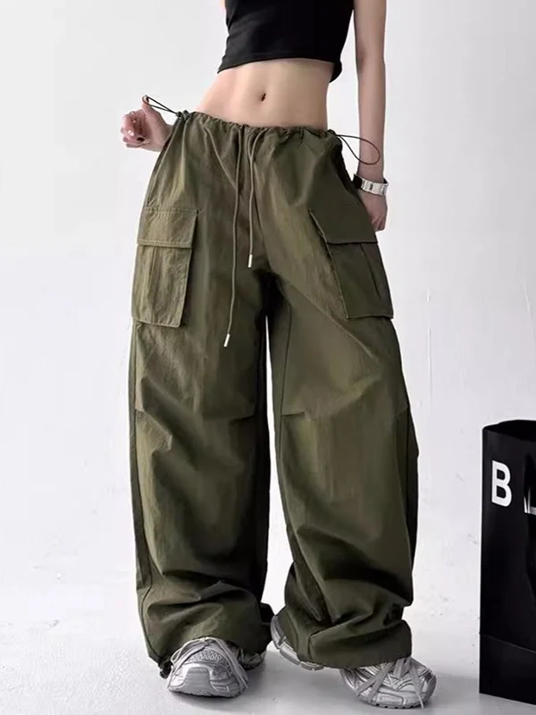 American-style workwear wide-leg pants with drawstring design, high waist, floral print long pants - Image 3