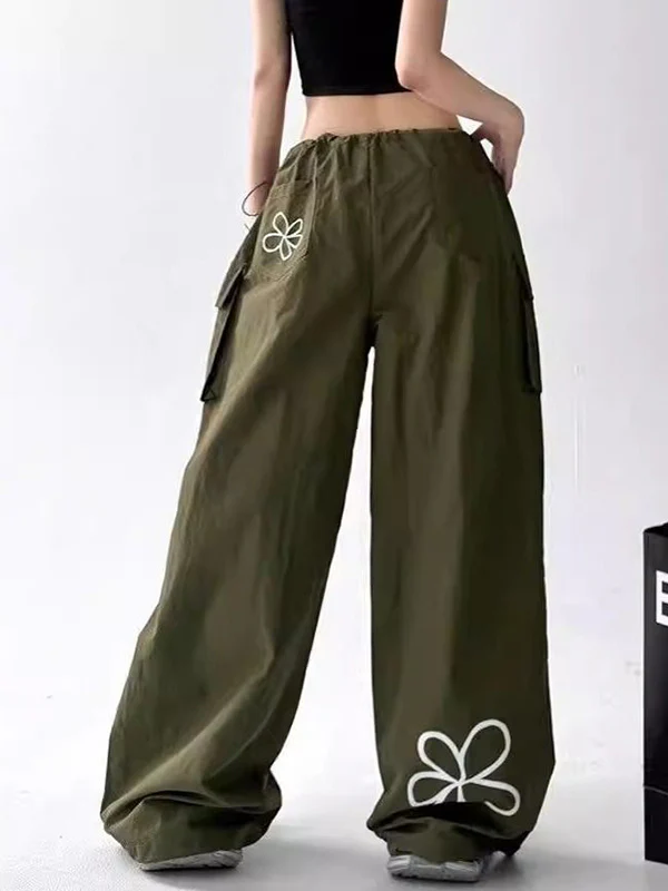 American-style workwear wide-leg pants with drawstring design, high waist, floral print long pants - Image 4
