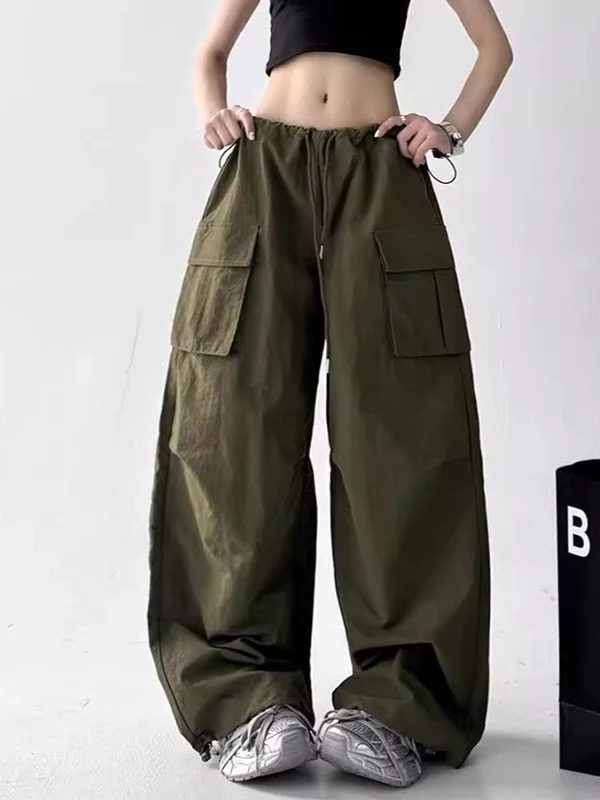 American-style workwear wide-leg pants with drawstring design, high waist, floral print long pants - Image 5
