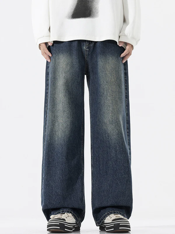 American Trendy Semi-Elastic Waist Loose Jeans