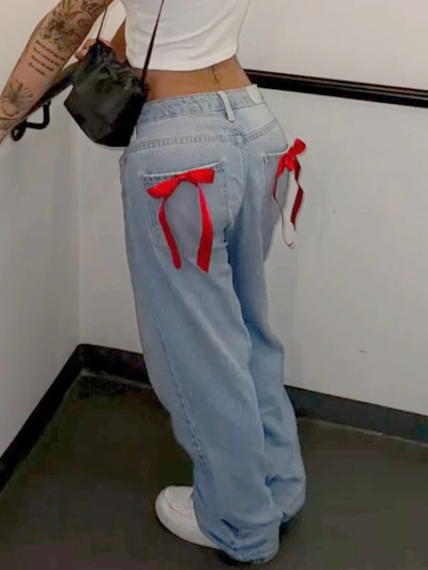 Back Pocket Bow Boyfriend Jeans - Image 2