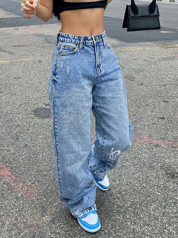 Basic Wash Letter Print Straight Leg Boyfriend Jeans - Image 3