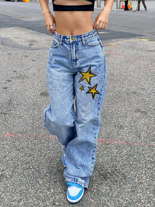 Basic Wash Print Straight Leg Boyfriend Jeans - Image 2