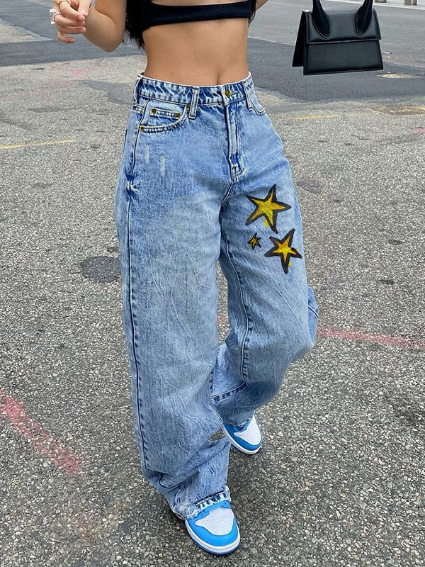 Basic Wash Print Straight Leg Boyfriend Jeans - Image 3