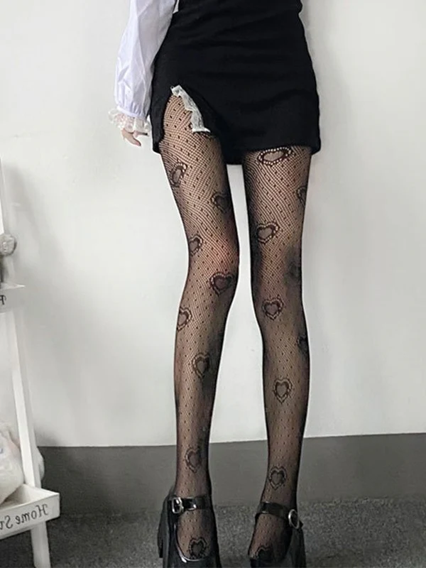 Black Heart Pattern Fishnet Tights