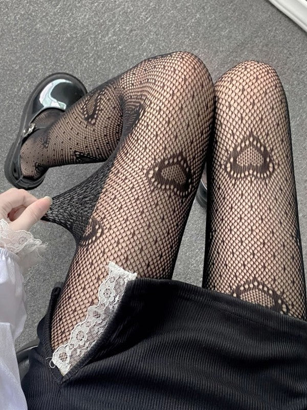 Black Heart Pattern Fishnet Tights - Image 2