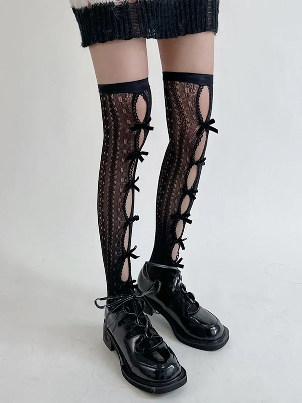 Bow Embellish Cutout Lace Thigh High Socks - Image 3