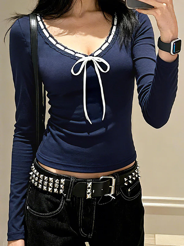 Bow Tie Color Blocking Long Sleeve