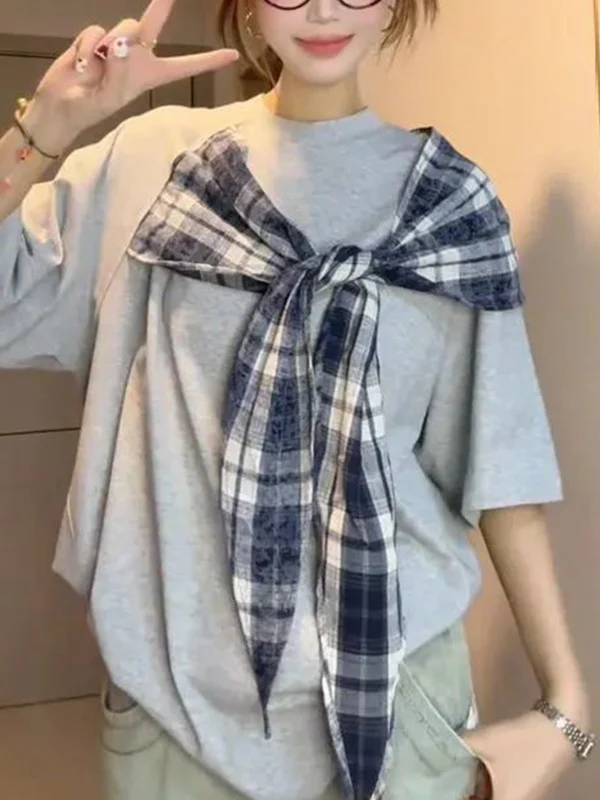 Bowknot Plaid Patchwork Short Sleeved Tee - Image 2