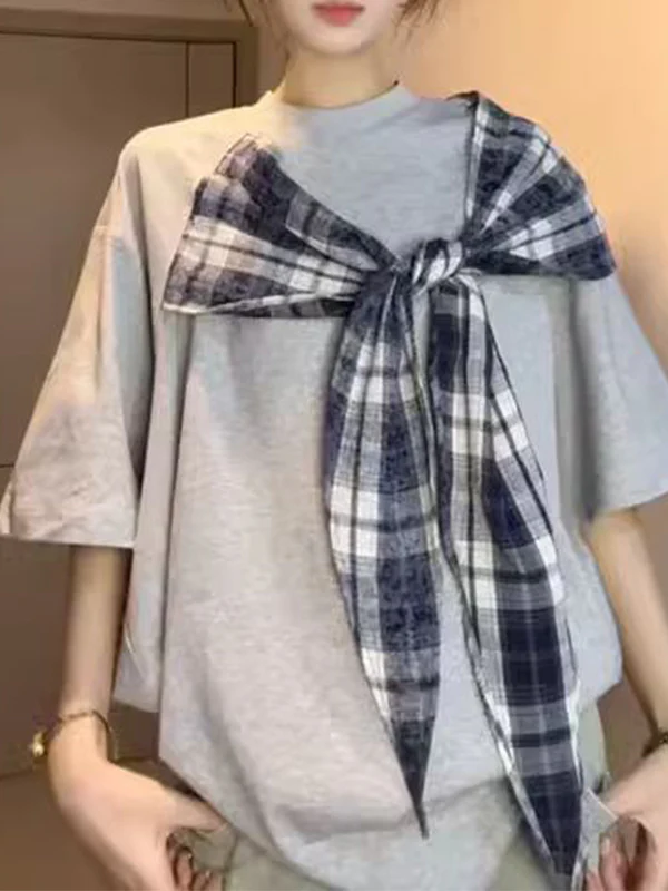 Bowknot Plaid Patchwork Short Sleeved Tee - Image 3