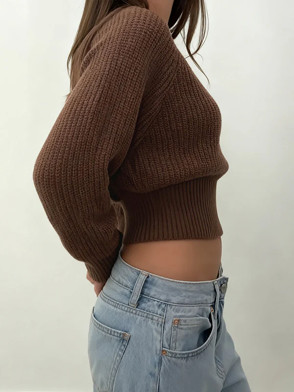 Brown V-Neck Loose-Fitting Sweaters - Image 4