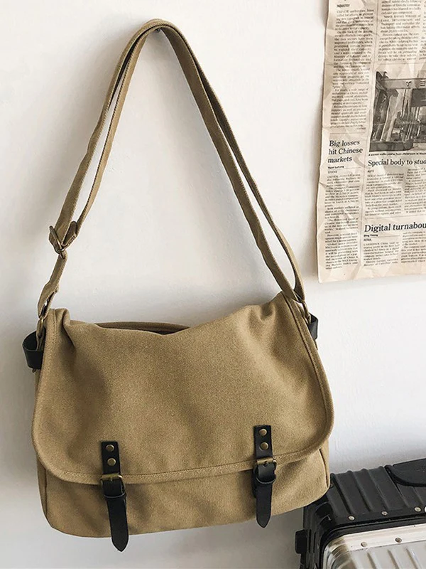 Buckle Strap Large Canvas Messenger Bag - Image 10