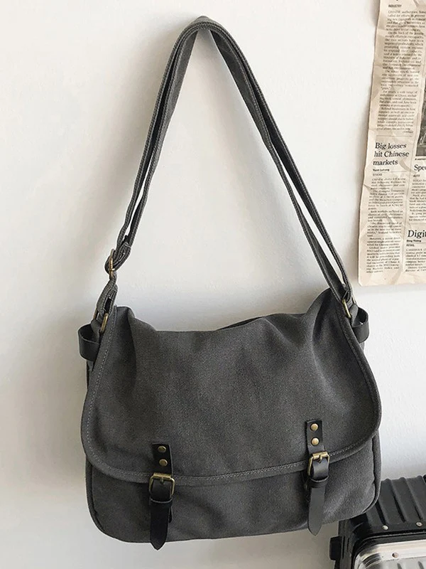 Buckle Strap Large Canvas Messenger Bag - Image 11