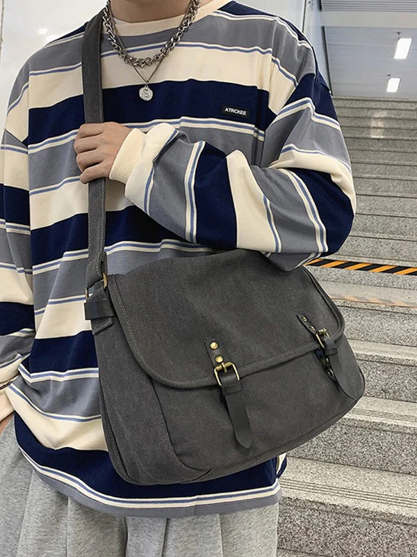 Buckle Strap Large Canvas Messenger Bag - Image 17