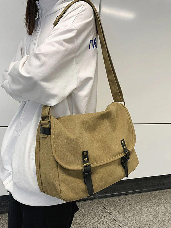 Buckle Strap Large Canvas Messenger Bag - Image 19