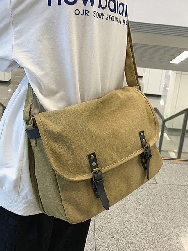 Buckle Strap Large Canvas Messenger Bag - Image 3
