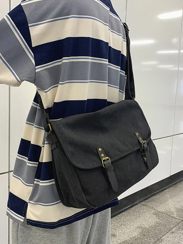 Buckle Strap Large Canvas Messenger Bag - Image 5