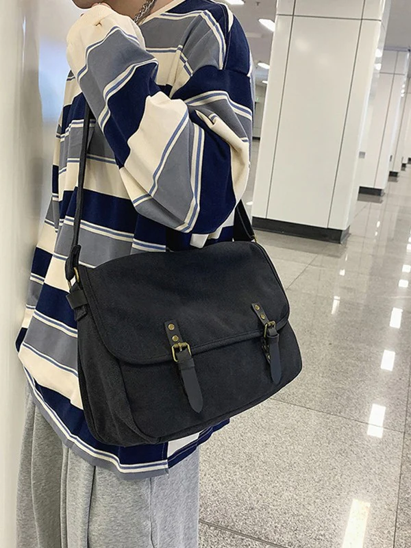 Buckle Strap Large Canvas Messenger Bag - Image 6