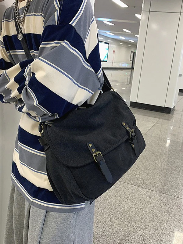 Buckle Strap Large Canvas Messenger Bag - Image 7
