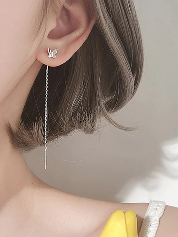 Butterfly Charm Tassel Chain Dangle Earrings - Image 4