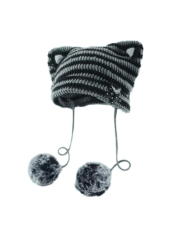 Cat Design Stripe Beanie Hat - Image 4