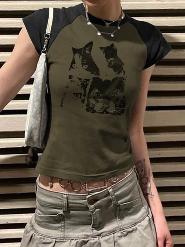 Cat Print Raglan Short Sleeve Tee - Image 11