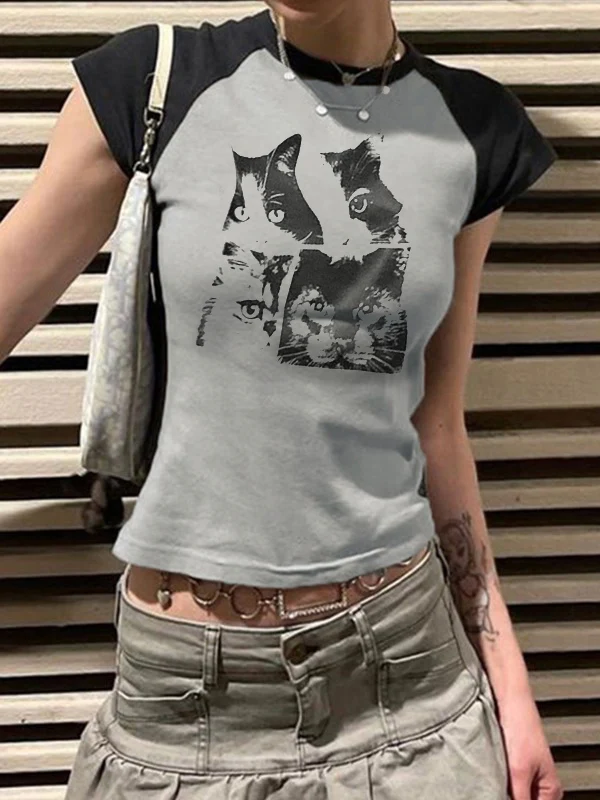 Cat Print Raglan Short Sleeve Tee - Image 13