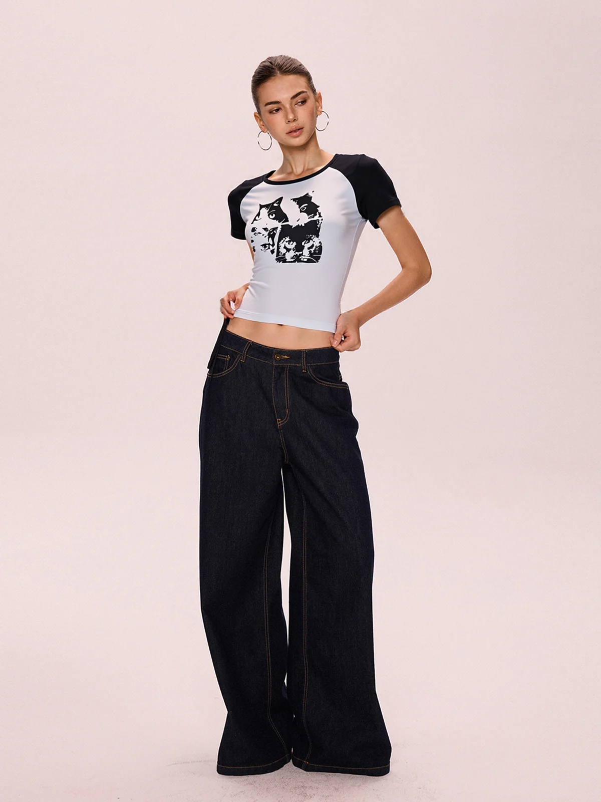 Cat Print Raglan Short Sleeve Tee - Image 3