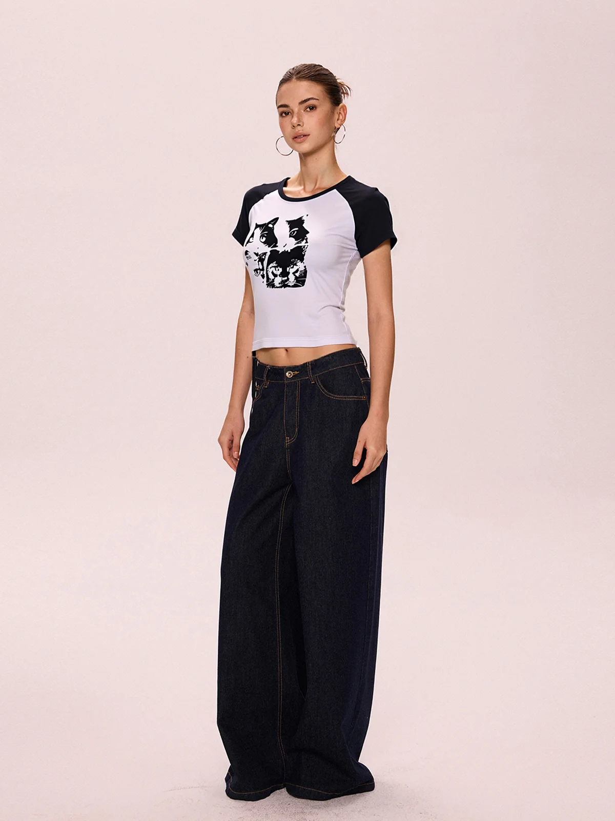 Cat Print Raglan Short Sleeve Tee - Image 4