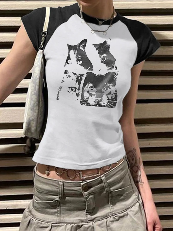 Cat Print Raglan Short Sleeve Tee - Image 7