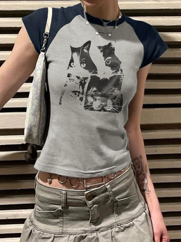 Cat Print Raglan Short Sleeve Tee - Image 9
