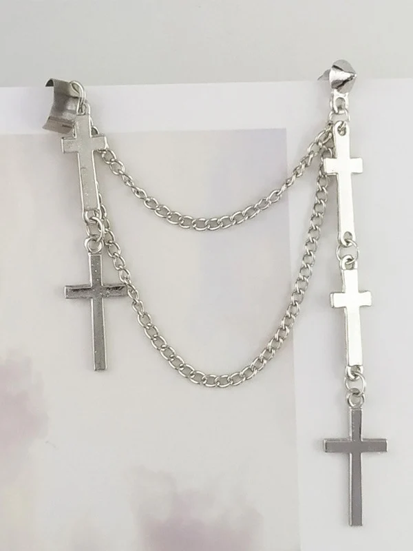 Chain Embellished Cross Drop Earring