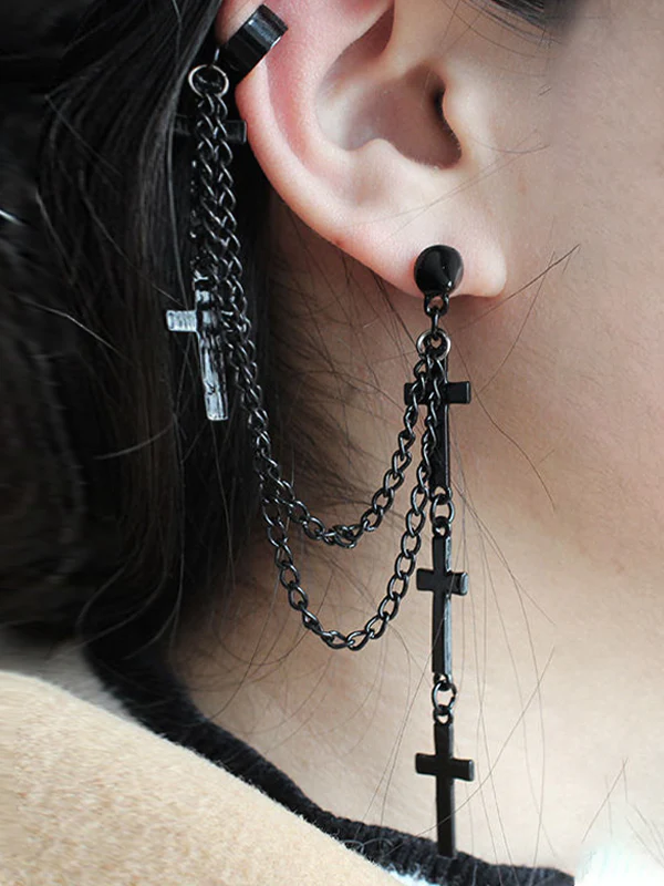 Chain Embellished Cross Drop Earring - Image 7