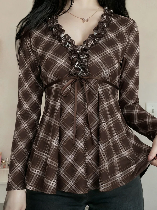 Checkered Ruffled Long Sleeve